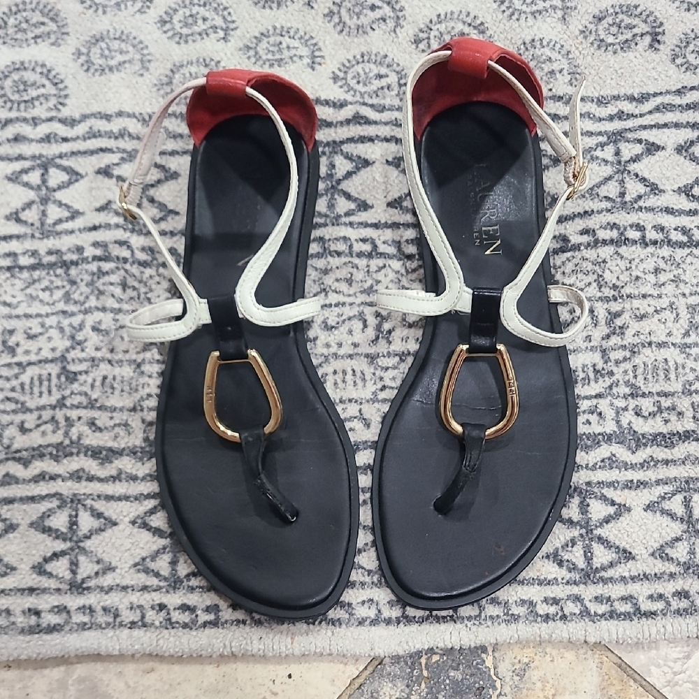 Ralph Lauren Black, White, and Red Sandals with Gold Detail